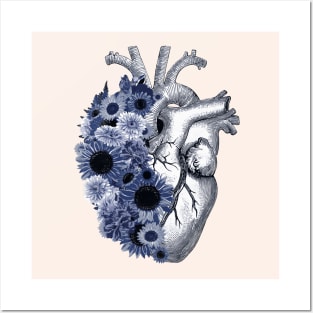 Human Heart with blue flowers, watercolor blue daisies and sunflowers, Heart, anatomical Human heart Posters and Art